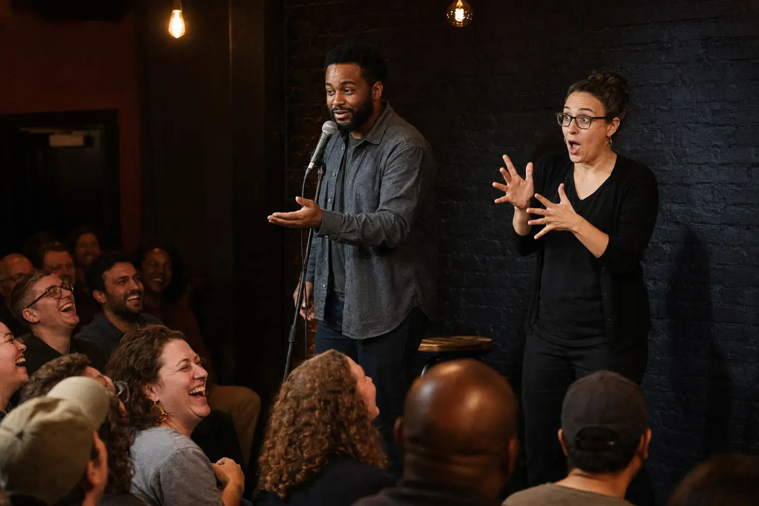 A comedy audience laughing while an ASL interpreter signs beside the comedian