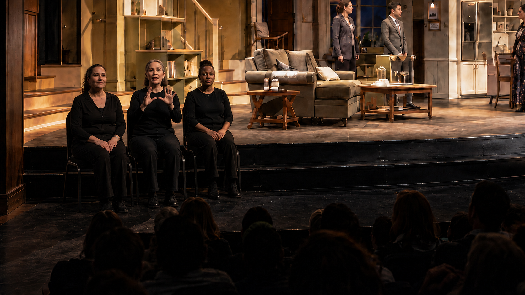 A diagram of a stage, seated audience, and interpreter positions showing a clear view of both performance and signing