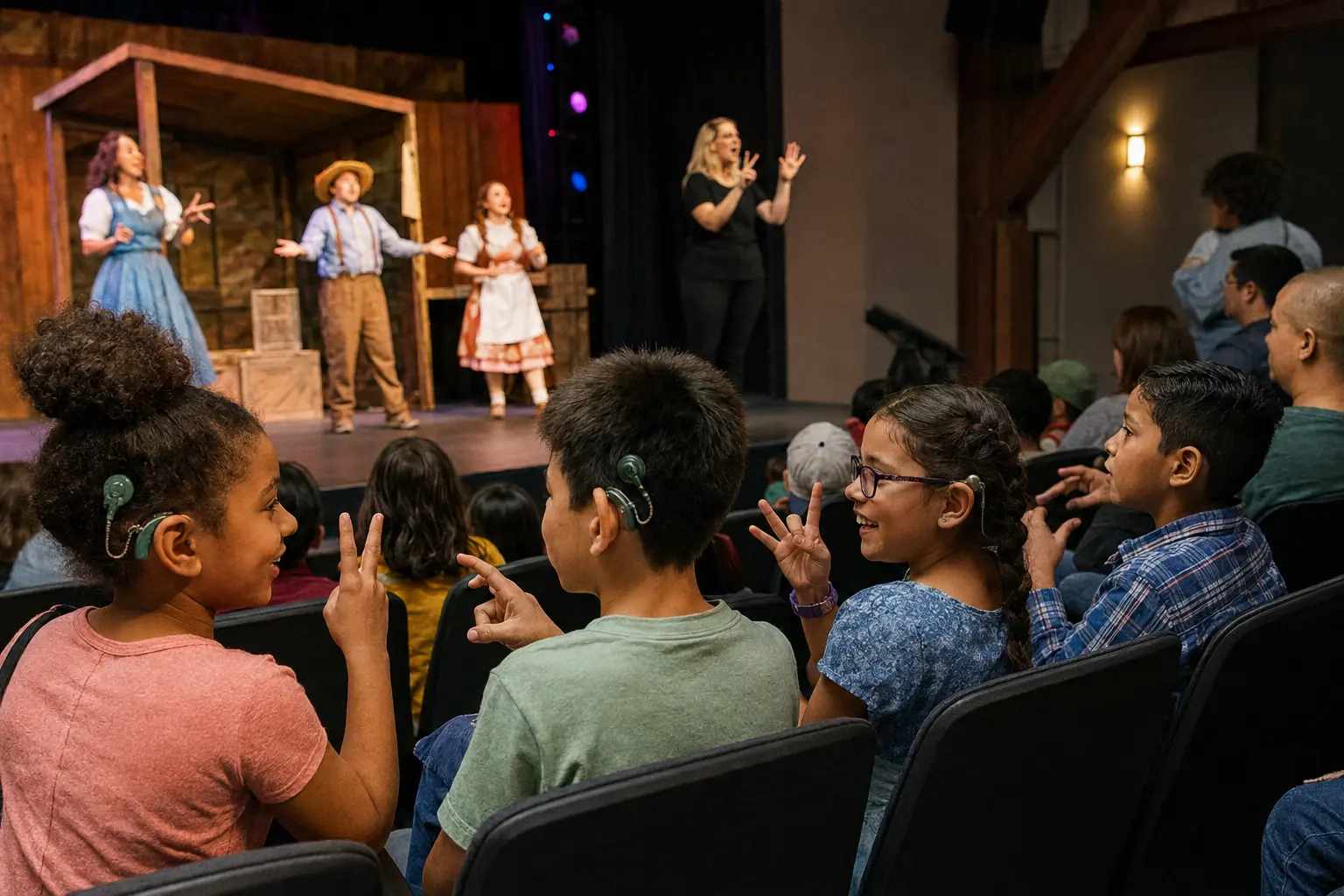 Deaf children smiling and signing together during an interpreted family performance