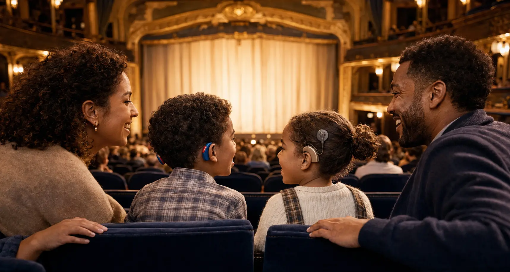 A family seated together in a theater, watching the stage